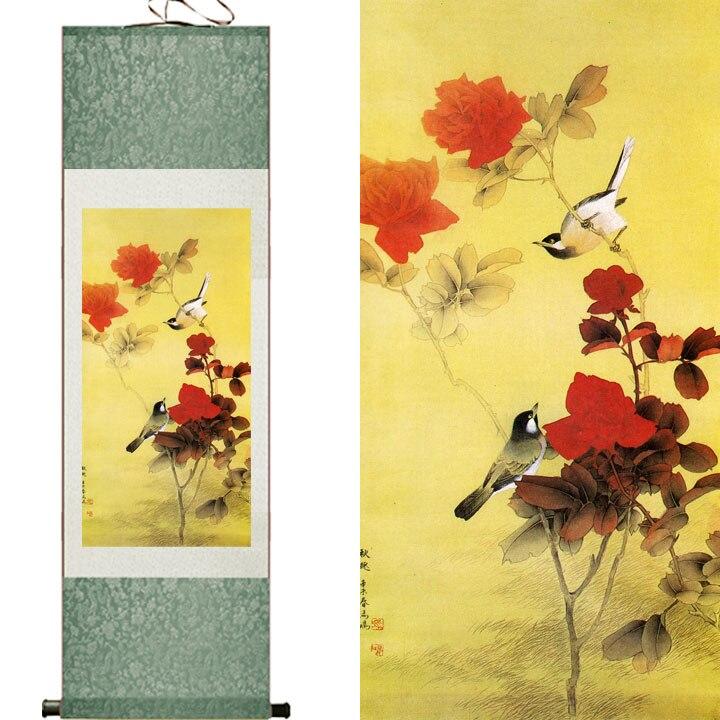 Chinese Art Scroll Painting Animal Birds Play In Tree Ancient Silk Picture Wall Ideas 11058-Chinese Style Finds™