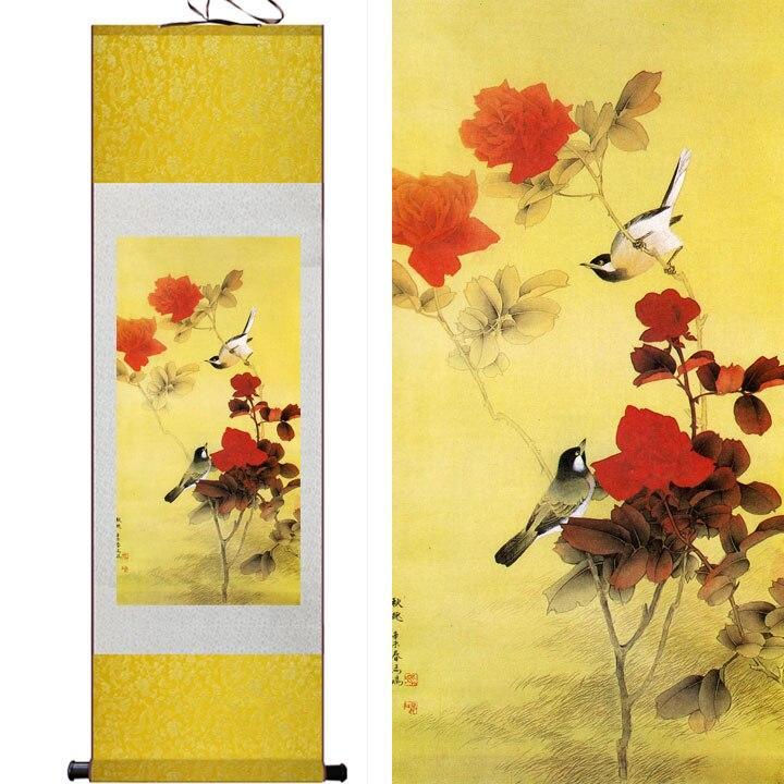 Chinese Art Scroll Painting Animal Birds Play In Tree Ancient Silk Picture Wall Ideas 11058-Chinese Style Finds™