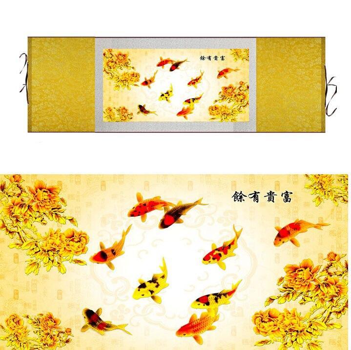 Chinese Art Scroll Painting Animal Fish Ancient Silk Picture Wall Ideas 11662-Chinese Style Finds™