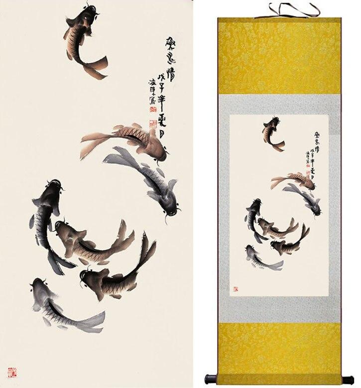 Chinese Art Scroll Painting Animal Fish Ancient Silk Picture Wall Ideas 12494-Chinese Style Finds™