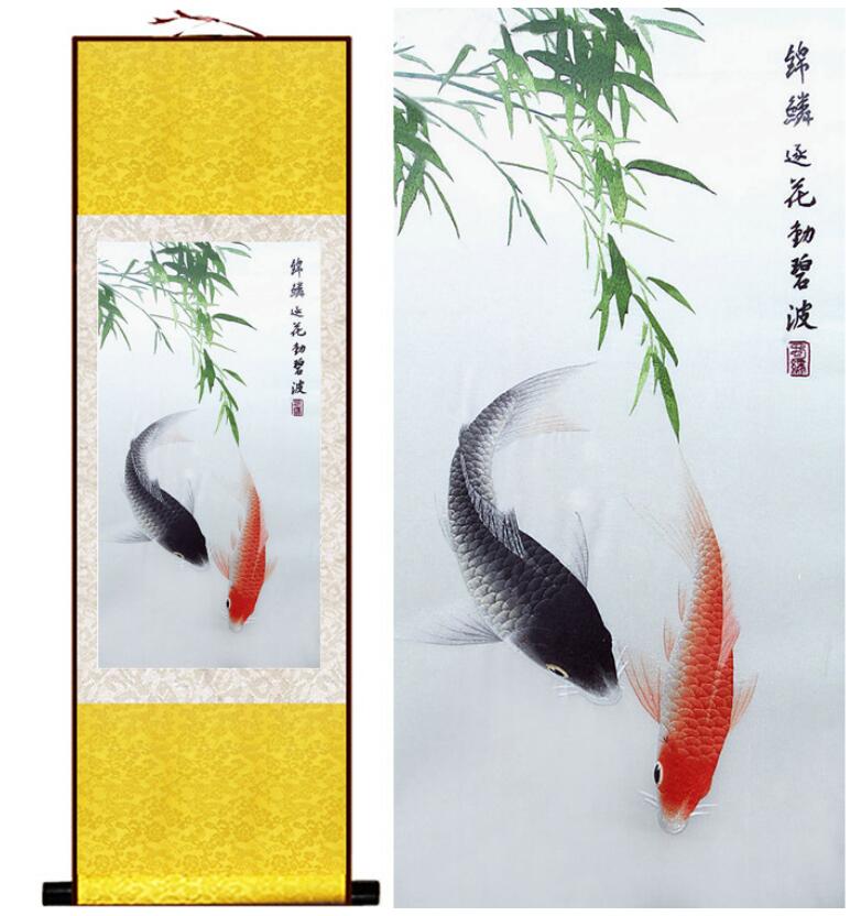 Chinese Art Scroll Painting Animal Fish Ancient Silk Picture Wall Ideas 12750-Chinese Style Finds™