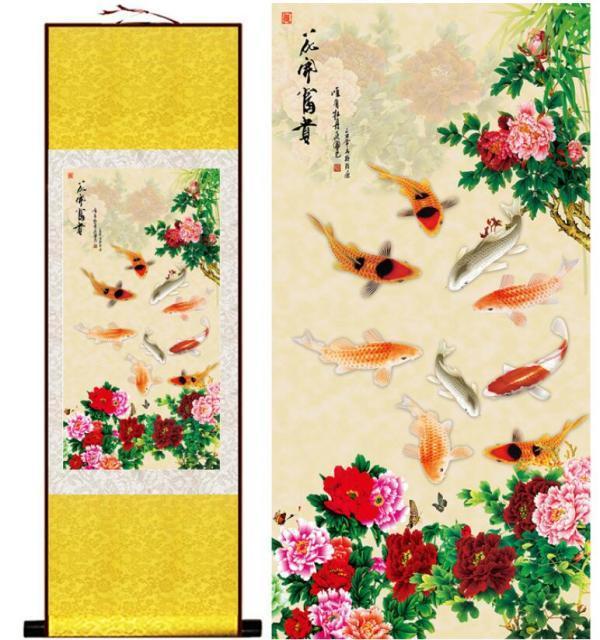 Chinese Art Scroll Painting Animal Fish Ancient Silk Picture Wall Ideas 12870-Chinese Style Finds™