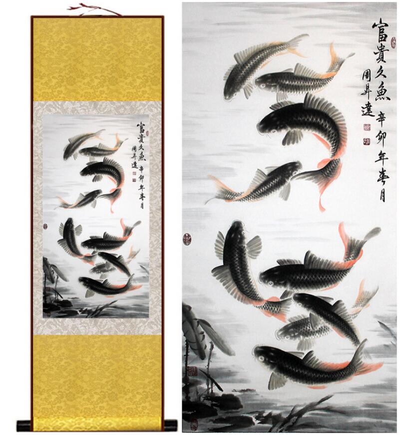 Chinese Art Scroll Painting Animal Fish Ancient Silk Picture Wall Ideas 13170-Chinese Style Finds™