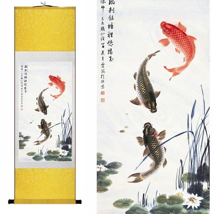 Chinese Art Scroll Painting Animal Fish Ancient Silk Picture Wall Ideas 13698-Chinese Style Finds™