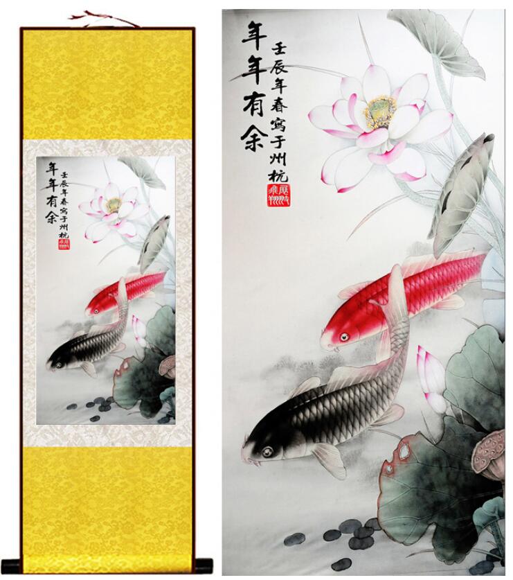 Chinese Art Scroll Painting Animal Fish Ancient Silk Picture Wall Ideas 13854-Chinese Style Finds™