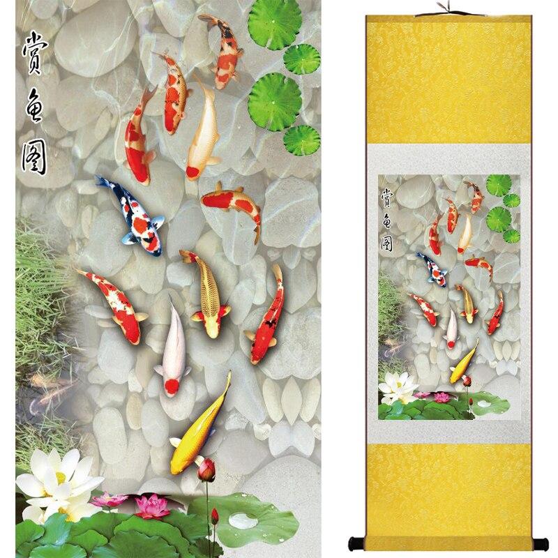 Chinese Art Scroll Painting Animal Fish Ancient Silk Picture Wall Ideas 15820-Chinese Style Finds™