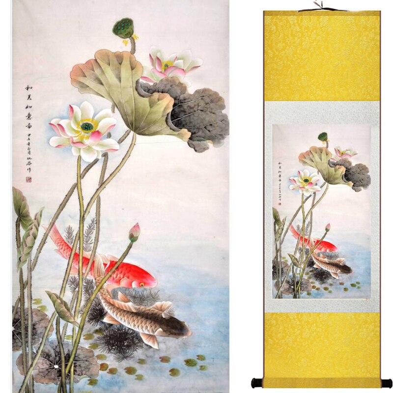 Chinese Art Scroll Painting Animal Fish Ancient Silk Picture Wall Ideas 16300-Chinese Style Finds™