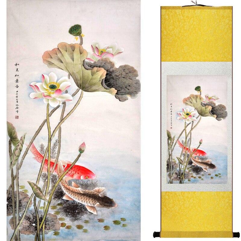 Chinese Art Scroll Painting Animal Fish Ancient Silk Picture Wall Ideas 16650-Chinese Style Finds™