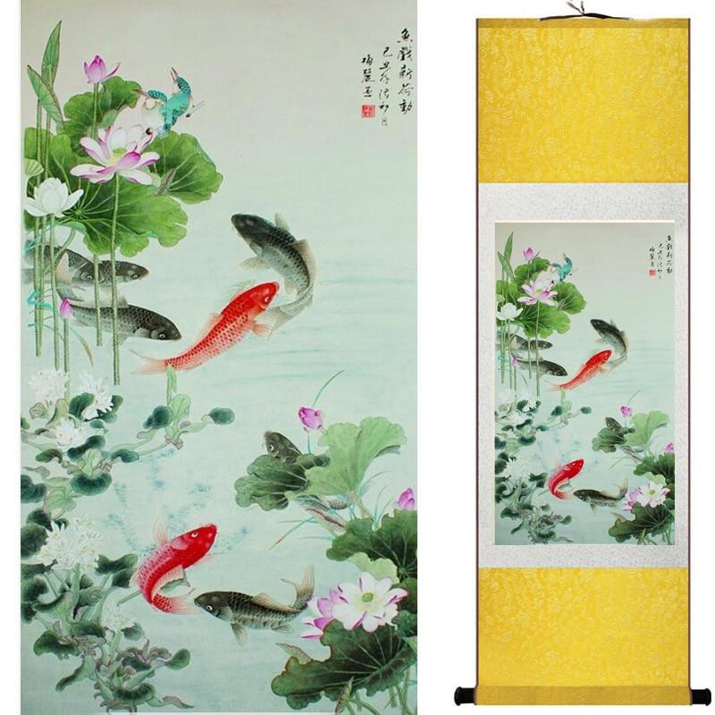 Chinese Art Scroll Painting Animal Fish Ancient Silk Picture Wall Ideas 18118-Chinese Style Finds™