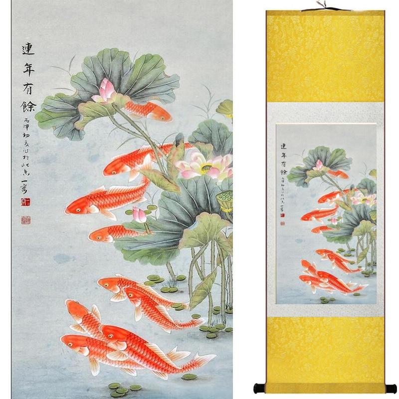 Chinese Art Scroll Painting Animal Fish Ancient Silk Picture Wall Ideas 19522-Chinese Style Finds™