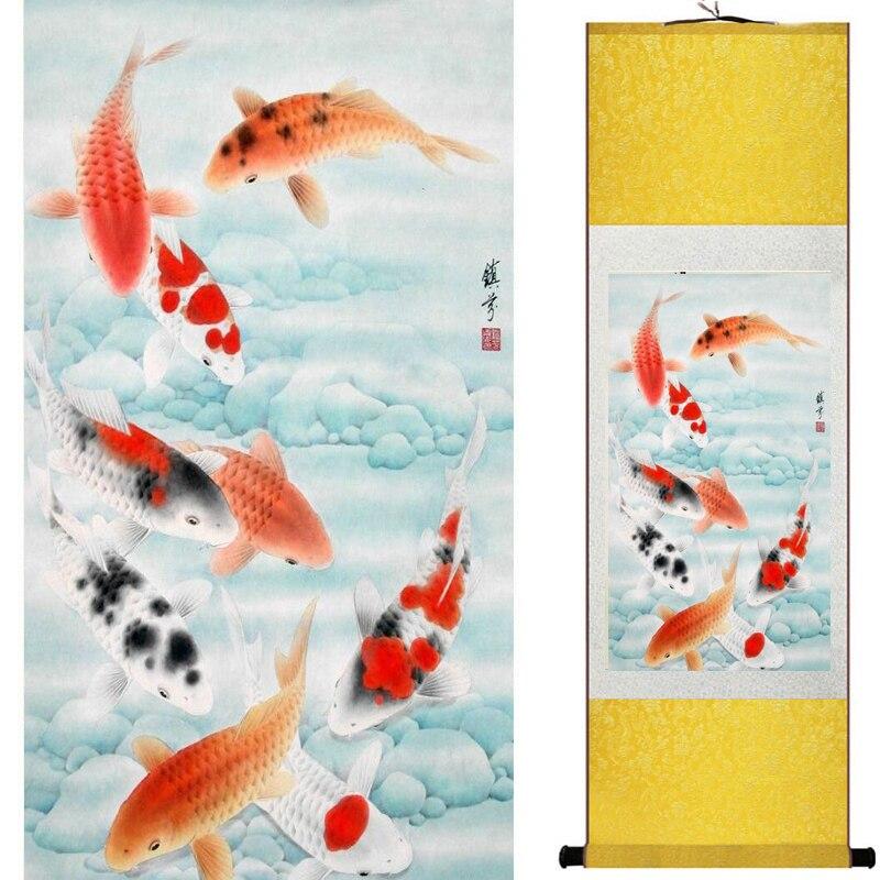 Chinese Art Scroll Painting Animal Fish Ancient Silk Picture Wall Ideas 19834-Chinese Style Finds™