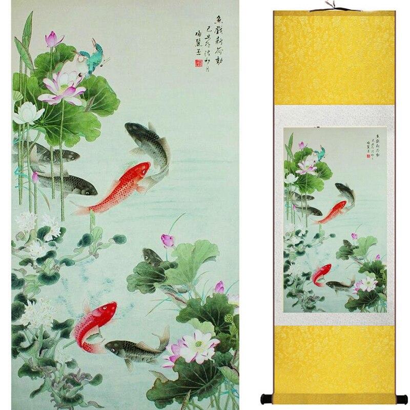 Chinese Art Scroll Painting Animal Fish Ancient Silk Picture Wall Ideas 19838-Chinese Style Finds™