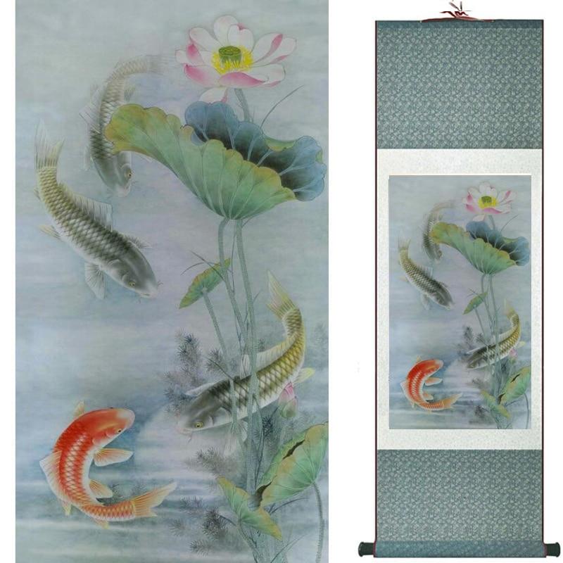 Chinese Art Scroll Painting Animal Fish Ancient Silk Picture Wall Ideas 19902-Chinese Style Finds™