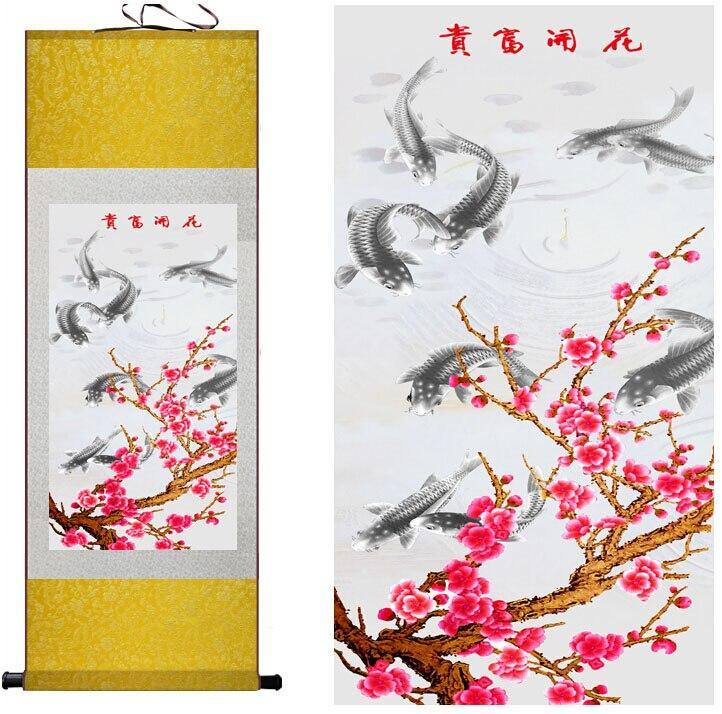 Chinese Art Scroll Painting Animal Fish And Flower Ancient Silk Picture Wall Ideas 11578-Chinese Style Finds™