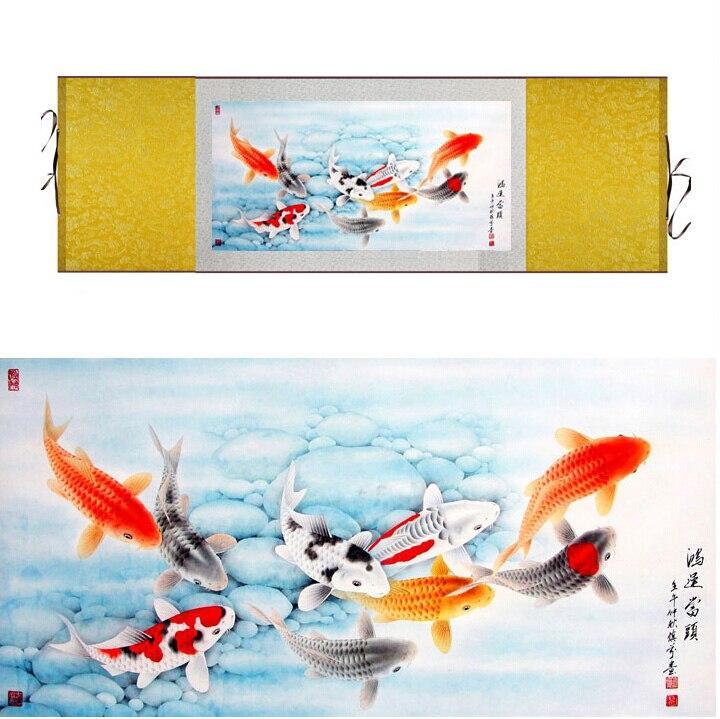 Chinese Art Scroll Painting Animal Fish And Flower Ancient Silk Picture Wall Ideas 11658-Chinese Style Finds™