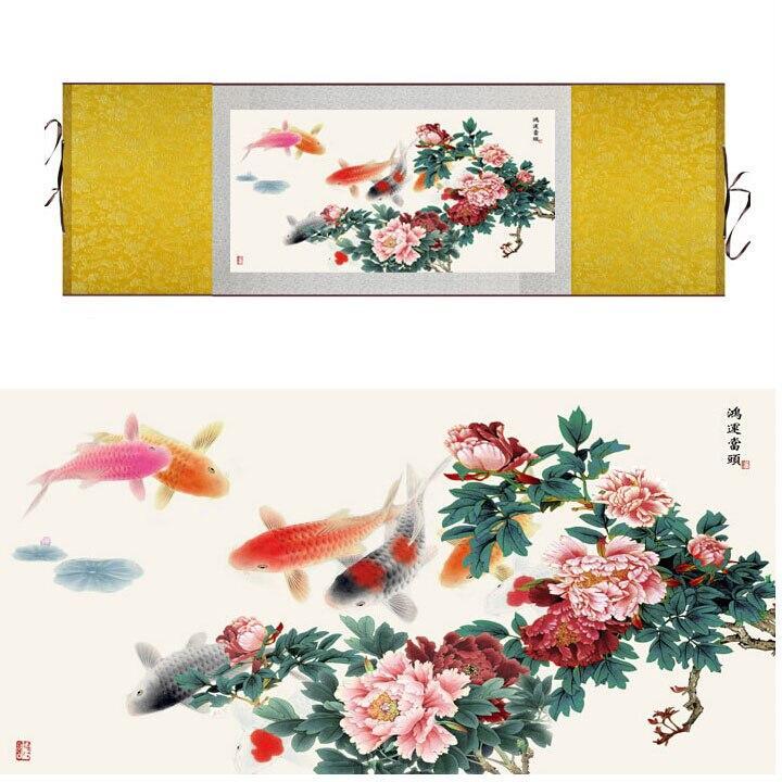 Chinese Art Scroll Painting Animal Fish And Flower Ancient Silk Picture Wall Ideas 11674-Chinese Style Finds™