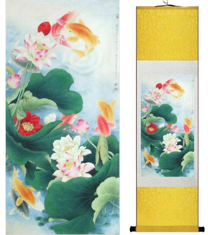 Chinese Art Scroll Painting Animal Fish And Lotus Flowers Ancient Silk Picture Wall Ideas 13826-Chinese Style Finds™