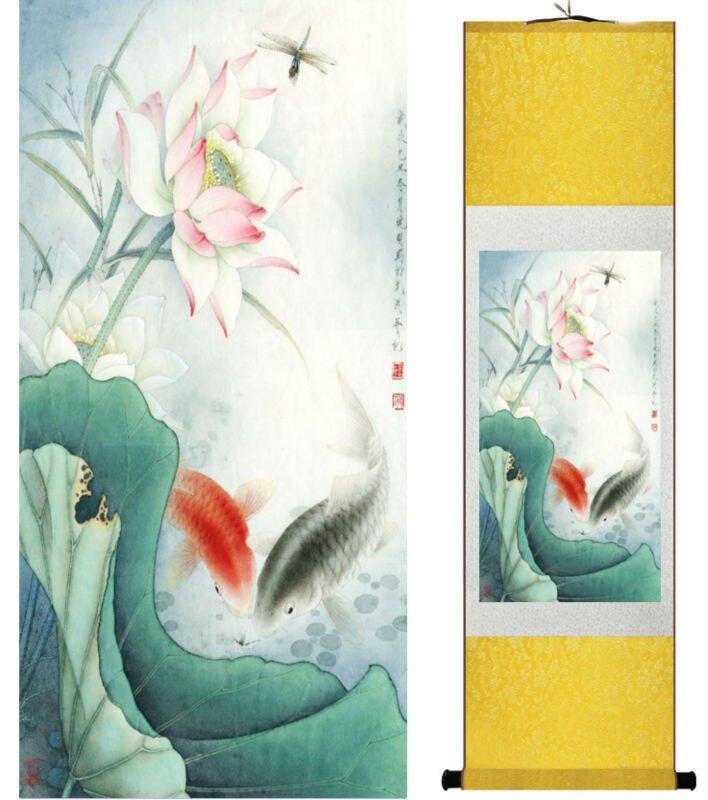 Chinese Art Scroll Painting Animal Fish And Water Lily Ancient Silk Picture Wall Ideas 14086-Chinese Style Finds™