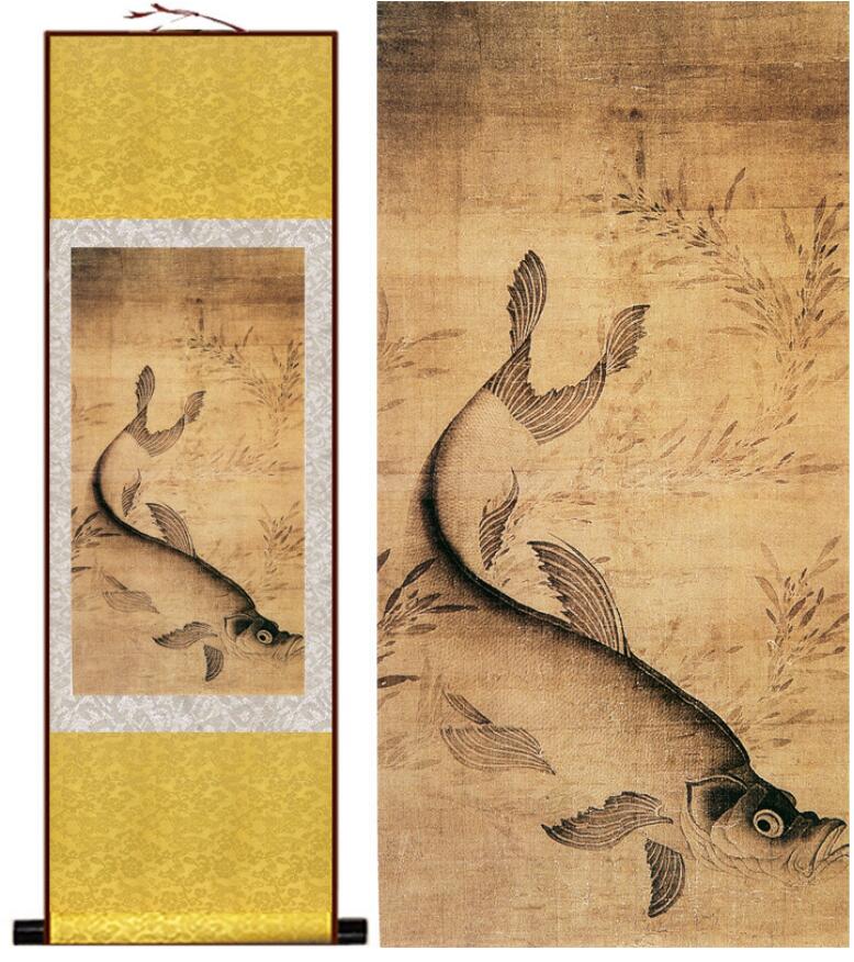 Chinese Art Scroll Painting Animal Fish Bamboo Ancient Silk Picture Wall Ideas 13158-Chinese Style Finds™