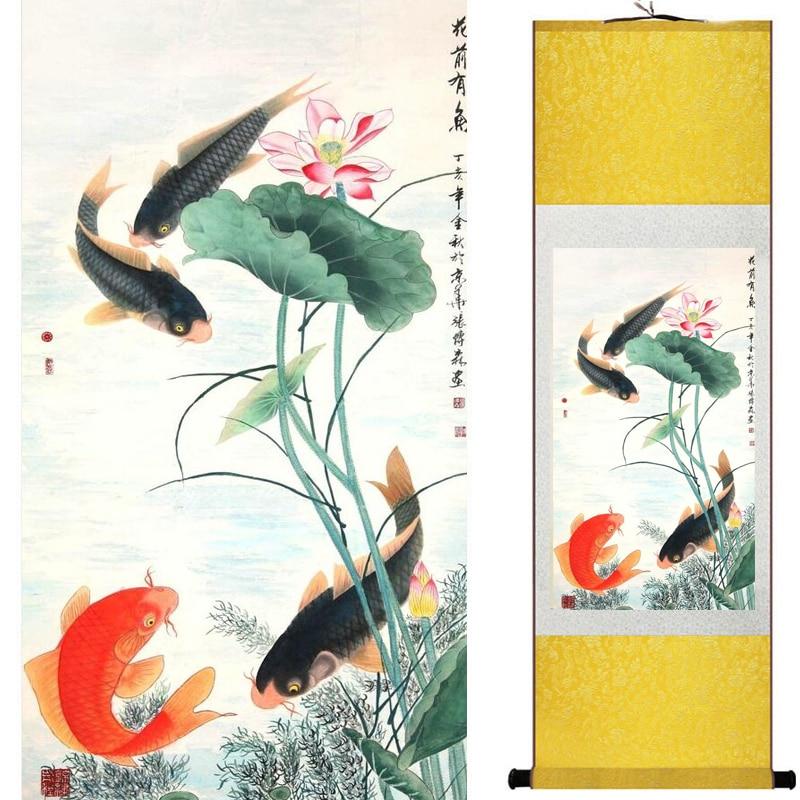 Chinese Art Scroll Painting Animal Fish Bamboo Ancient Silk Picture Wall Ideas 20282-Chinese Style Finds™