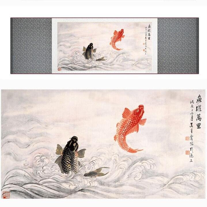 Chinese Art Scroll Painting Animal Fish Flower Ancient Silk Picture Wall Ideas 11650-Chinese Style Finds™