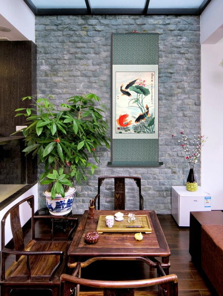 Chinese Art Scroll Painting Animal Fish In Pond Ancient Silk Picture Wall Ideas 10182-Chinese Style Finds™