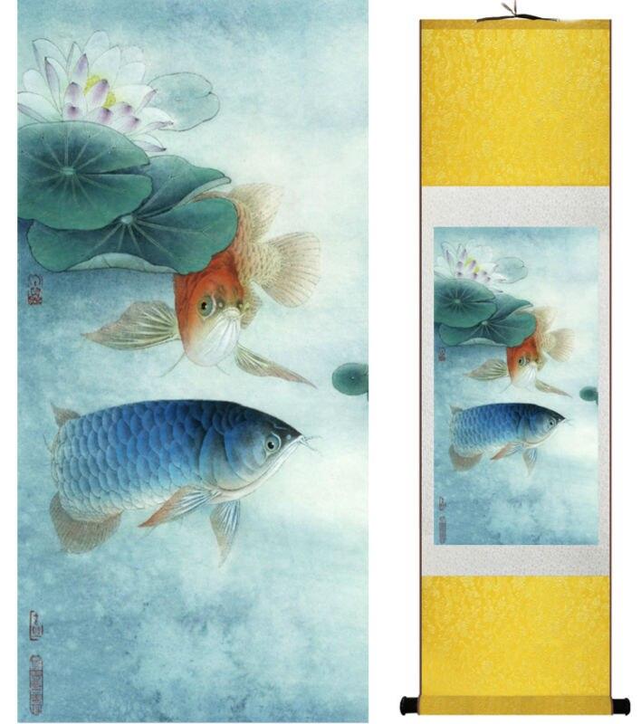 Chinese Art Scroll Painting Animal Fish In Water Ancient Silk Picture Wall Ideas 14066-Chinese Style Finds™