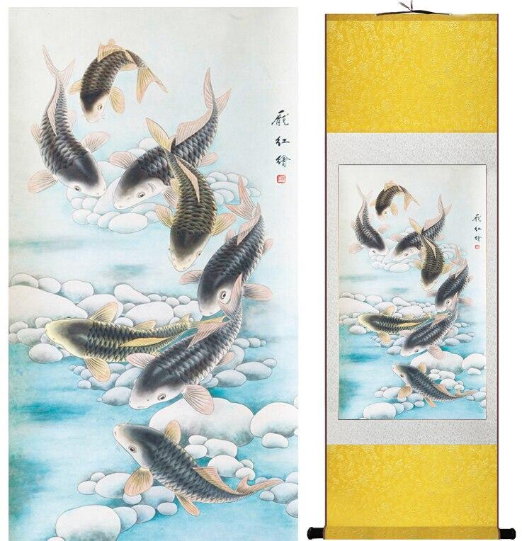 Chinese Art Scroll Painting Animal Fish Peony Flower Ancient Silk Picture Wall Ideas 11730-Chinese Style Finds™