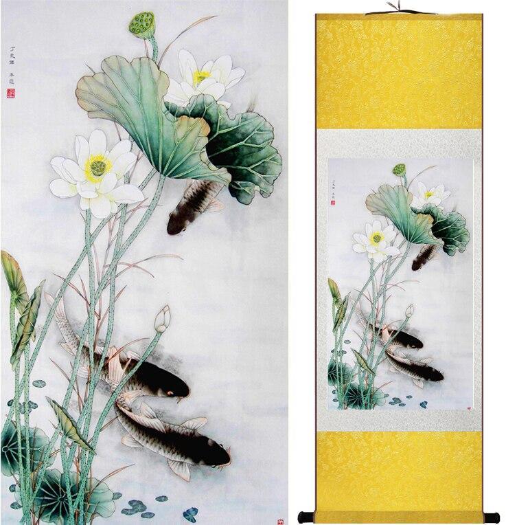 Chinese Art Scroll Painting Animal Fish Peony Flower Ancient Silk Picture Wall Ideas 11734-Chinese Style Finds™