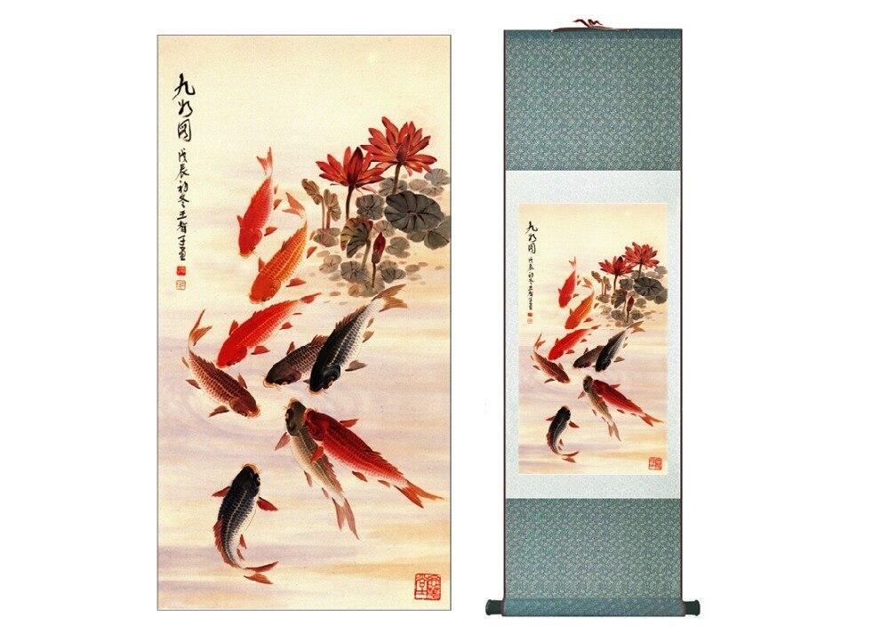 Chinese Art Scroll Painting Animal Fish Play Togehter Ancient Silk Picture Wall Ideas 10680-Chinese Style Finds™