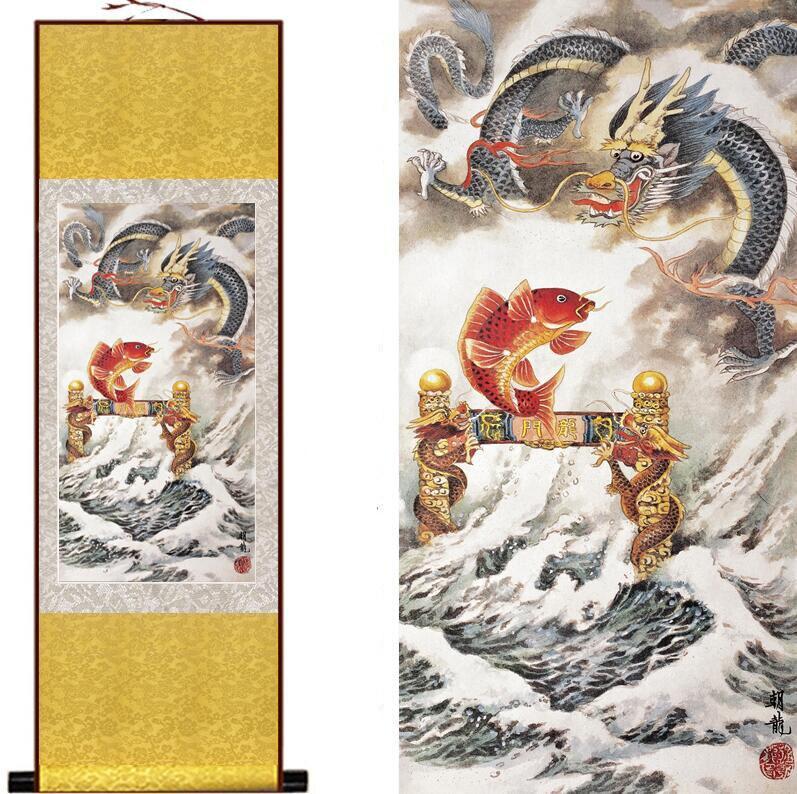 Chinese Art Scroll Painting Animal Fish Playing In Water Ancient Silk Picture Wall Ideas 11858-Chinese Style Finds™