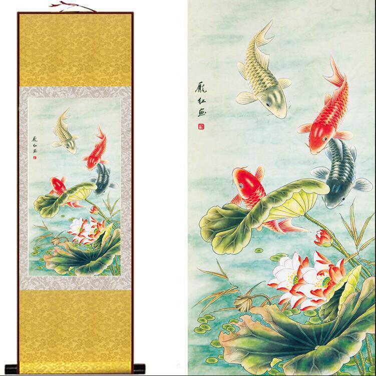 Chinese Art Scroll Painting Animal Fish Playing In Water Ancient Silk Picture Wall Ideas 12922-Chinese Style Finds™