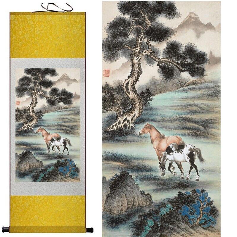 Chinese Art Scroll Painting Animal Horse Ancient Silk Picture Wall Ideas 10542-Chinese Style Finds™