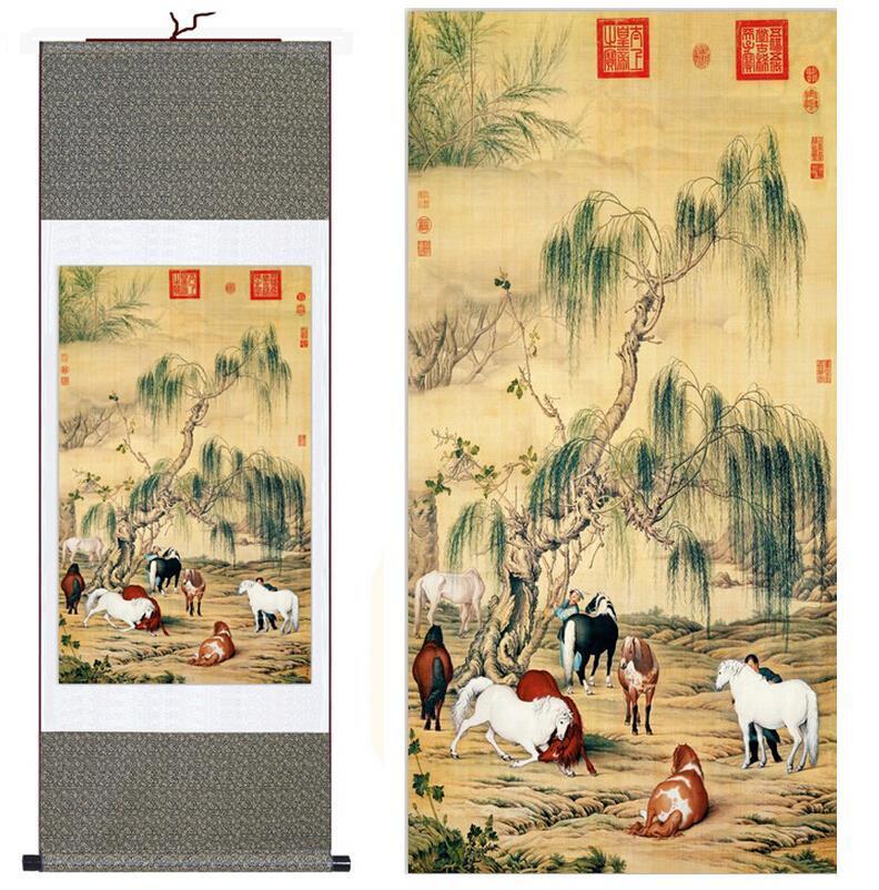 Chinese Art Scroll Painting Animal Horse Ancient Silk Picture Wall Ideas 10780-Chinese Style Finds™