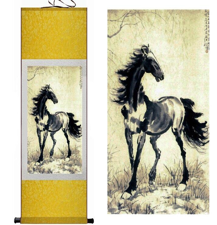 Chinese Art Scroll Painting Animal Horse Ancient Silk Picture Wall Ideas 11310-Chinese Style Finds™