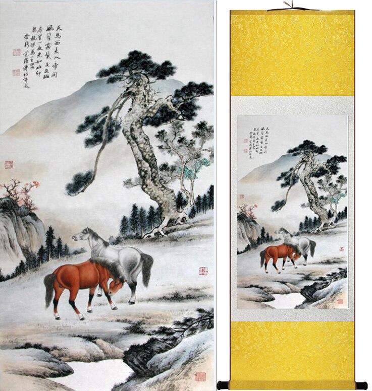Chinese Art Scroll Painting Animal Horse Ancient Silk Picture Wall Ideas 12094-Chinese Style Finds™