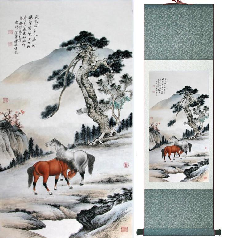 Chinese Art Scroll Painting Animal Horse Ancient Silk Picture Wall Ideas 12094-Chinese Style Finds™