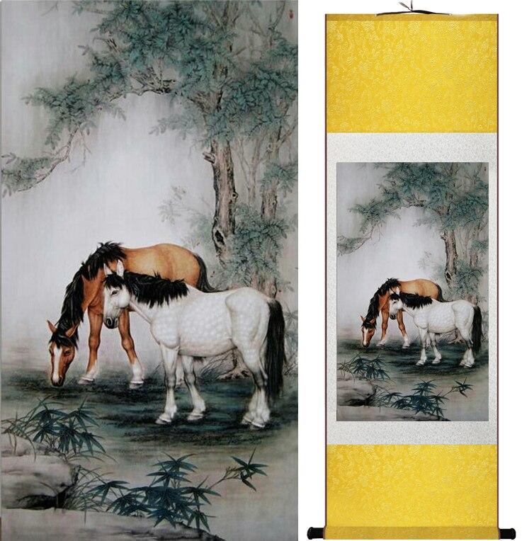 Chinese Art Scroll Painting Animal Horse Ancient Silk Picture Wall Ideas 12514-Chinese Style Finds™