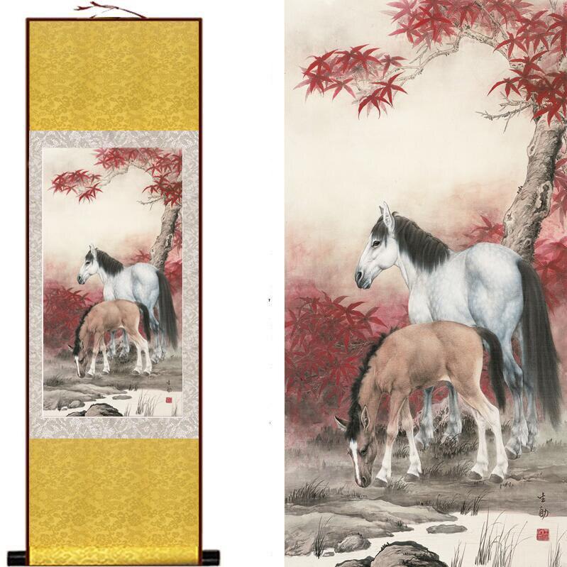 Chinese Art Scroll Painting Animal Horse Ancient Silk Picture Wall Ideas 12958-Chinese Style Finds™