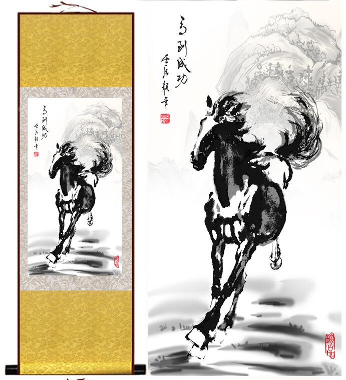 Chinese Art Scroll Painting Animal Horse Ancient Silk Picture Wall Ideas 12962-Chinese Style Finds™