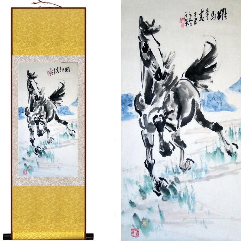 Chinese Art Scroll Painting Animal Horse Ancient Silk Picture Wall Ideas 12966-Chinese Style Finds™