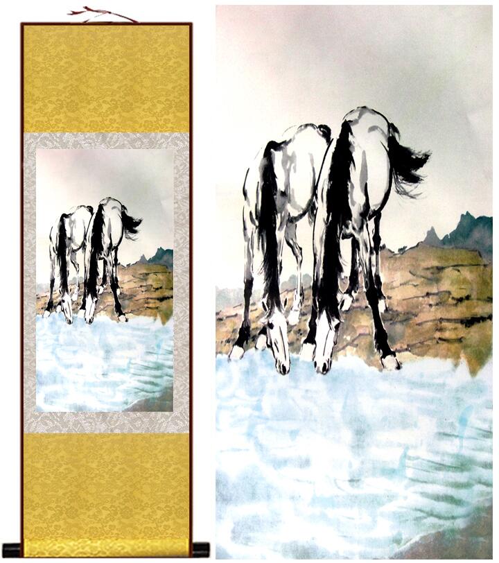 Chinese Art Scroll Painting Animal Horse Ancient Silk Picture Wall Ideas 13470-Chinese Style Finds™