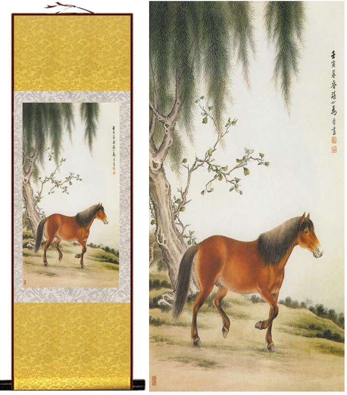 Chinese Art Scroll Painting Animal Horse Ancient Silk Picture Wall Ideas 13478-Chinese Style Finds™