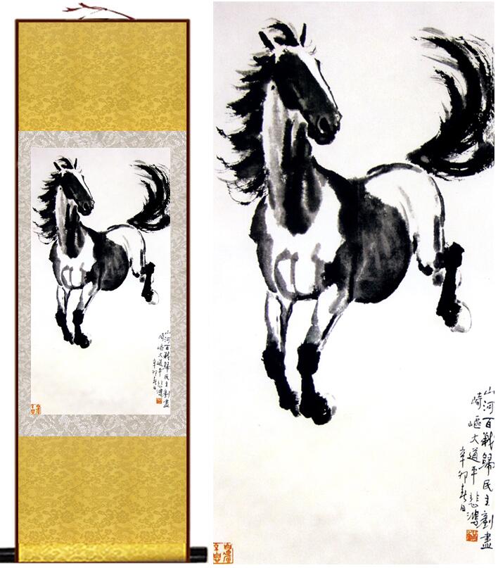 Chinese Art Scroll Painting Animal Horse Ancient Silk Picture Wall Ideas 13494-Chinese Style Finds™