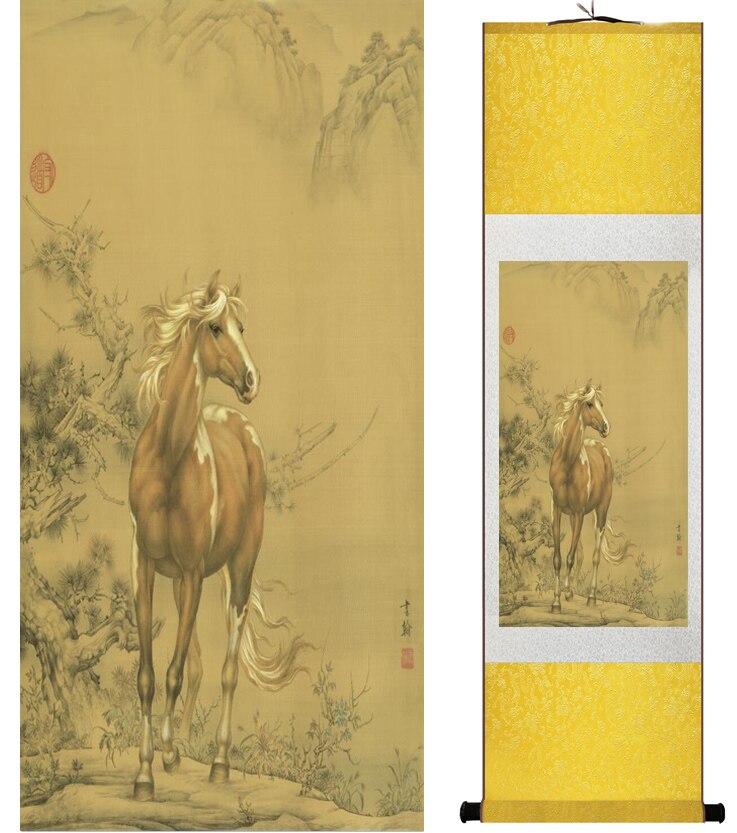 Chinese Art Scroll Painting Animal Horse Ancient Silk Picture Wall Ideas 14698-Chinese Style Finds™