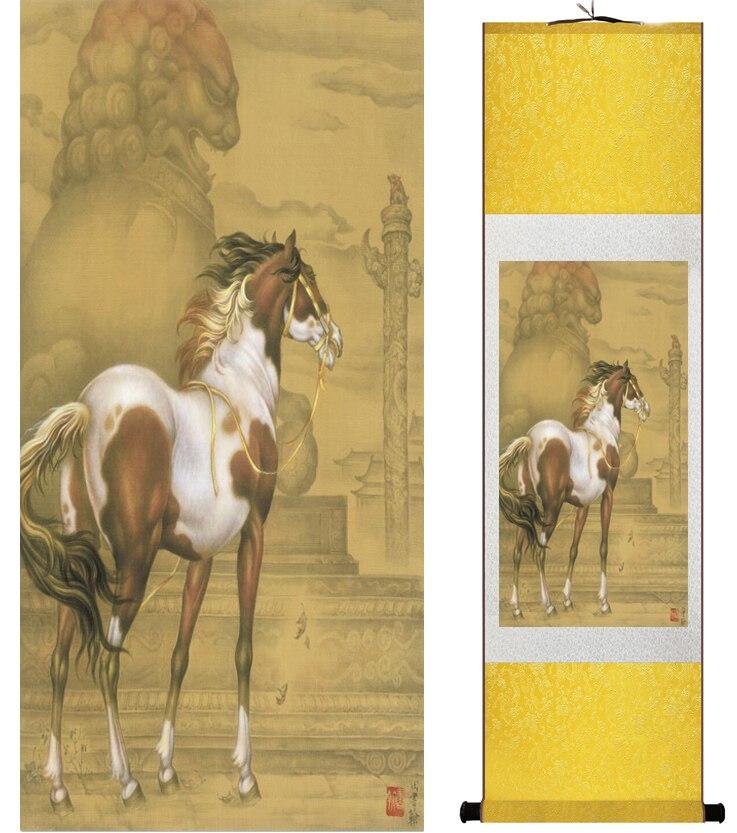 Chinese Art Scroll Painting Animal Horse Ancient Silk Picture Wall Ideas 14702-Chinese Style Finds™