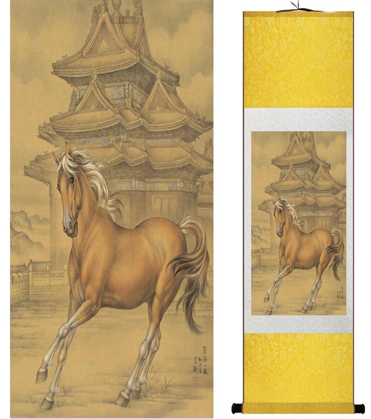 Chinese Art Scroll Painting Animal Horse Ancient Silk Picture Wall Ideas 14706-Chinese Style Finds™