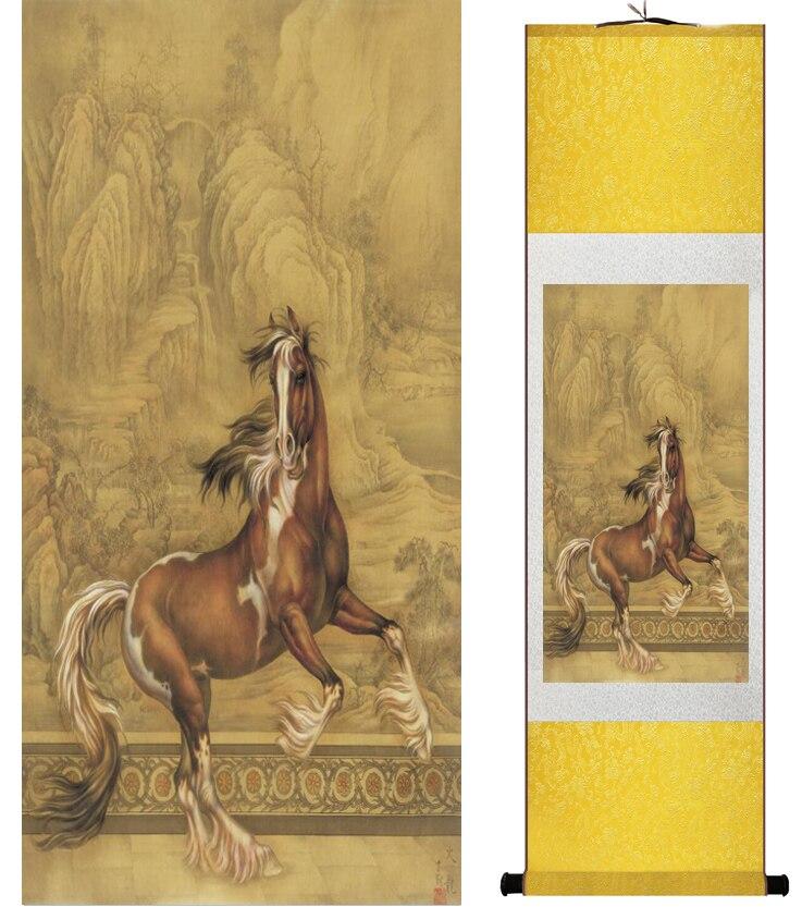 Chinese Art Scroll Painting Animal Horse Ancient Silk Picture Wall Ideas 14710-Chinese Style Finds™