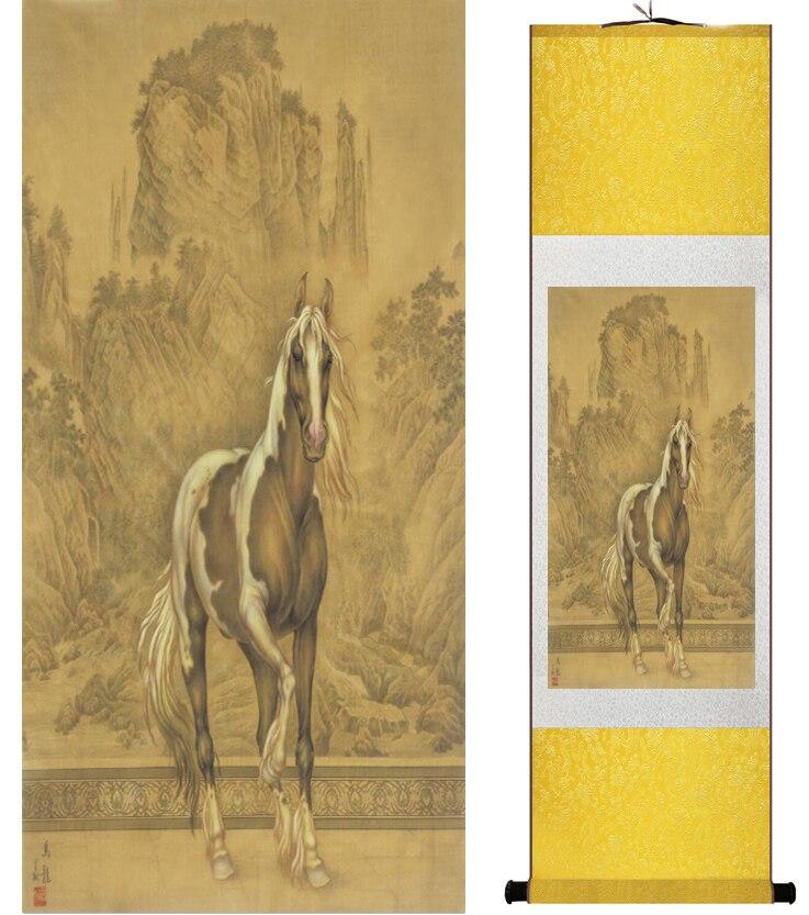 Chinese Art Scroll Painting Animal Horse Ancient Silk Picture Wall Ideas 14814-Chinese Style Finds™