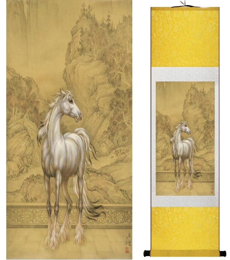 Chinese Art Scroll Painting Animal Horse Ancient Silk Picture Wall Ideas 14818-Chinese Style Finds™